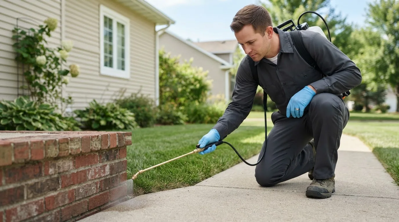 Pest control technician treating a home near Cooksville, IL