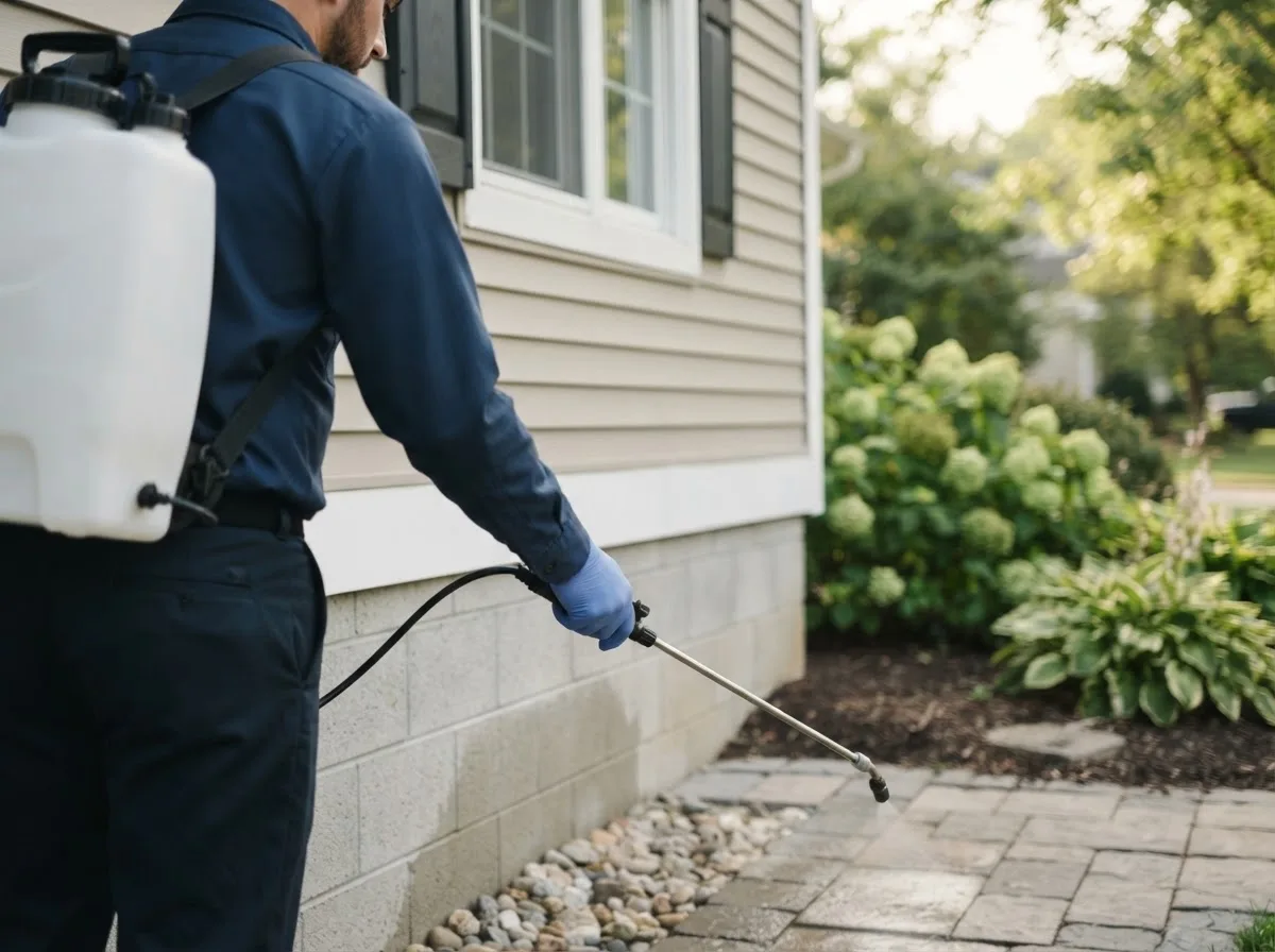 Pest control technician inspecting a home in Cooksville, IL